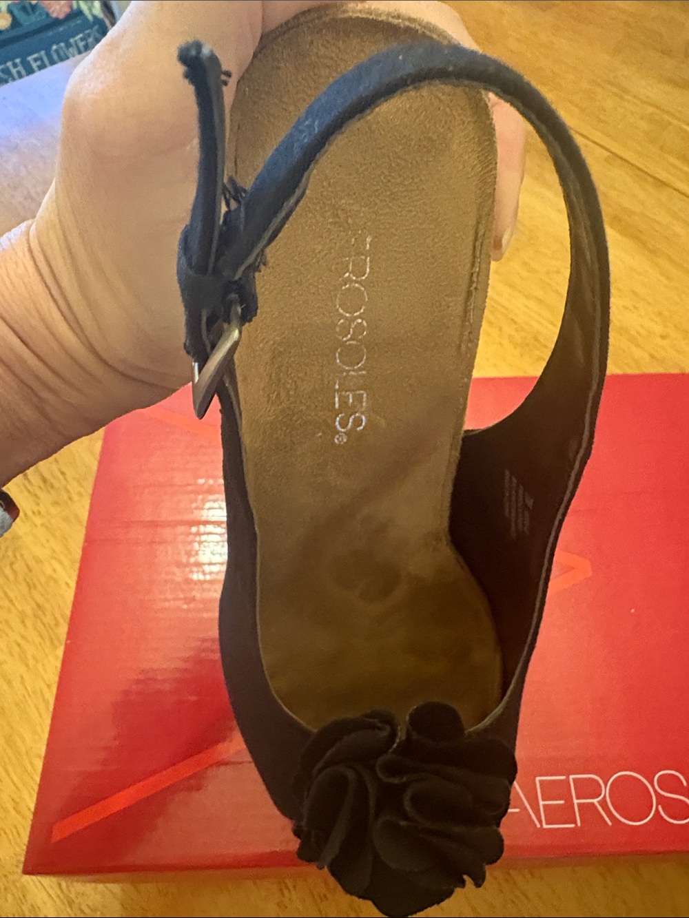 AEROSOLES Black Floral Peep-Toe Wedge Slingback Sandals - Picture 7 of 9